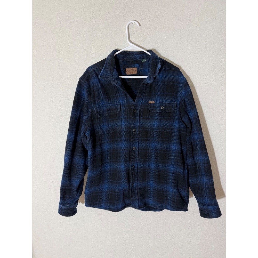 Orvis Men's Plaid Flannel Shirt Jacket Blue Black Fleece Lined Outdoor Size L